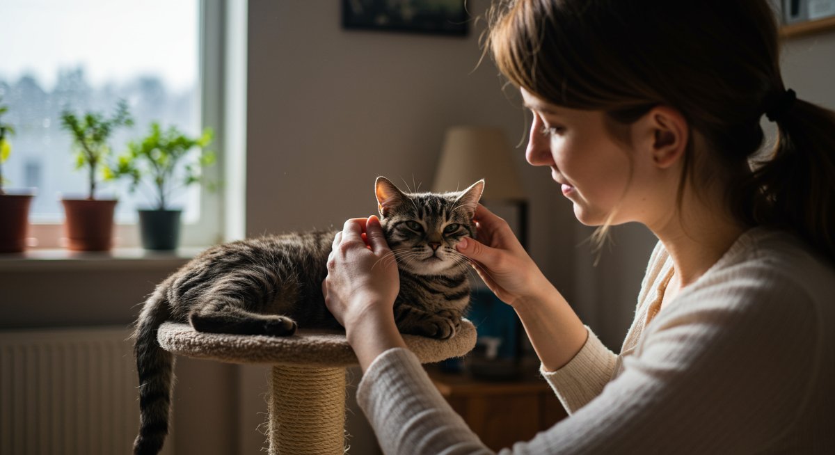 Woman comforting a relaxed cat on a cat tree, illustrating stress reduction techniques for anxious cats.