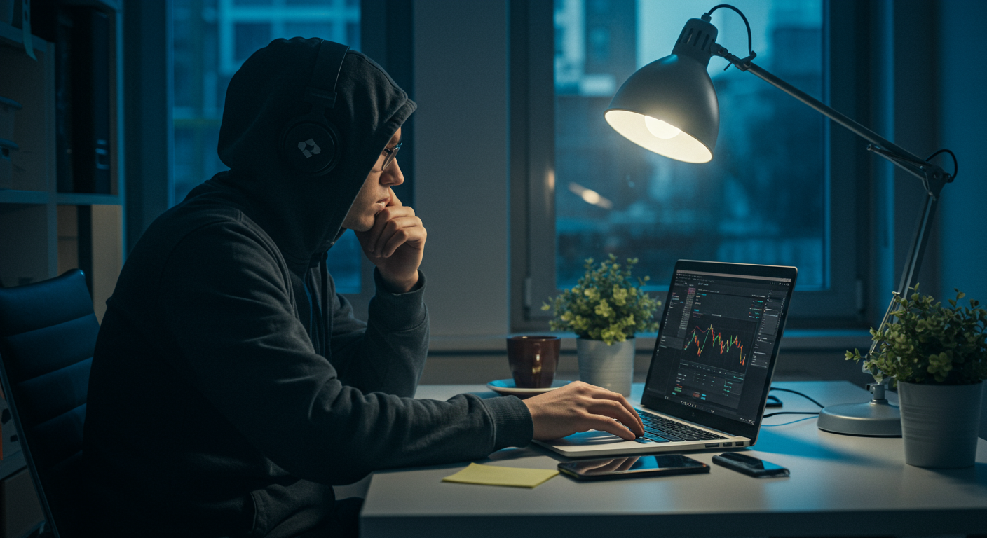 A privacy-conscious crypto trader researches anonymous crypto swaps on a laptop in a minimalist office setting, emphasizing privacy and security.