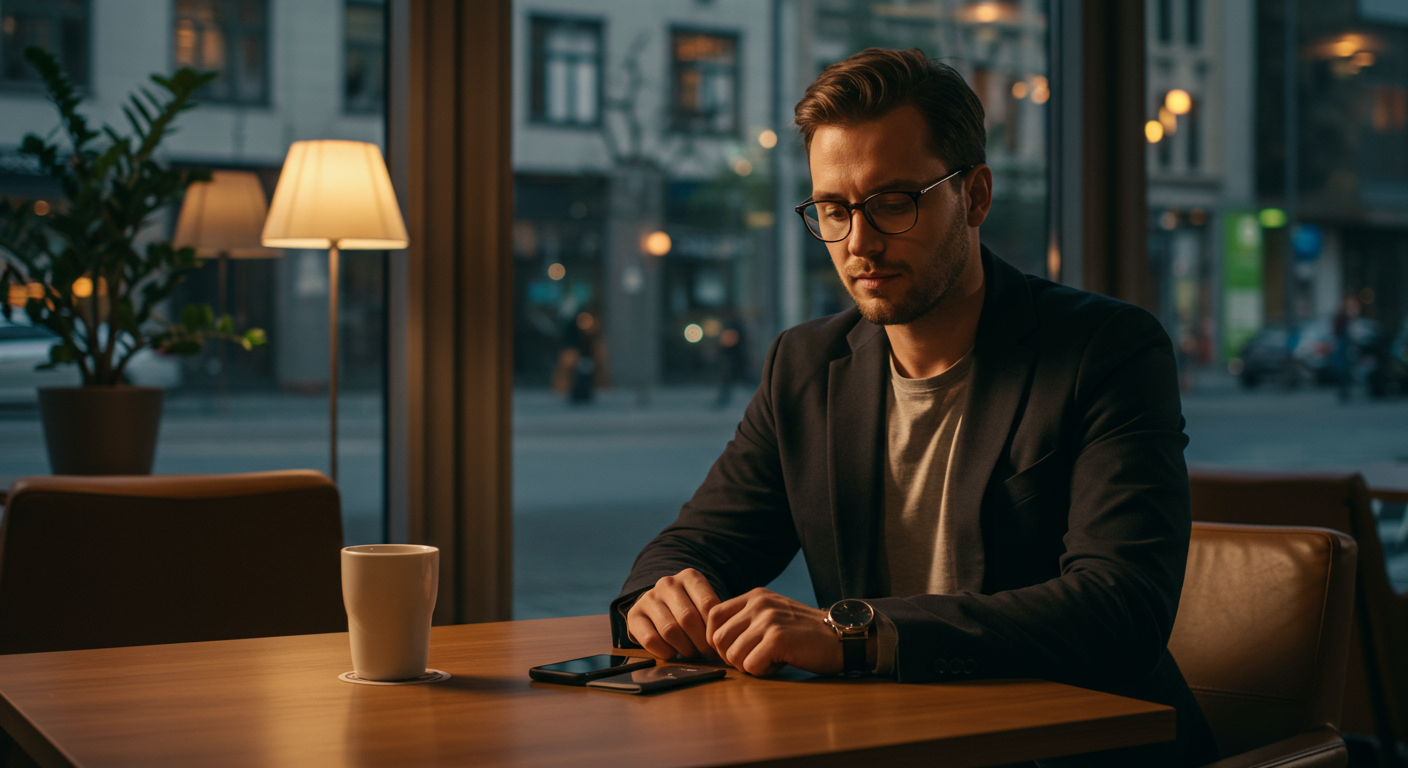 A traveler in a hotel lobby checks their phone after passport replacement, a moment of relief and efficiency in a European setting.