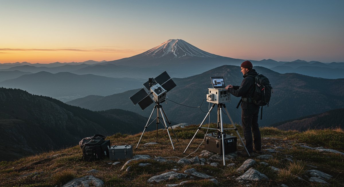Experienced digital nomad connecting to satellite internet from an outdoor spot with clear skies and modern equipment
