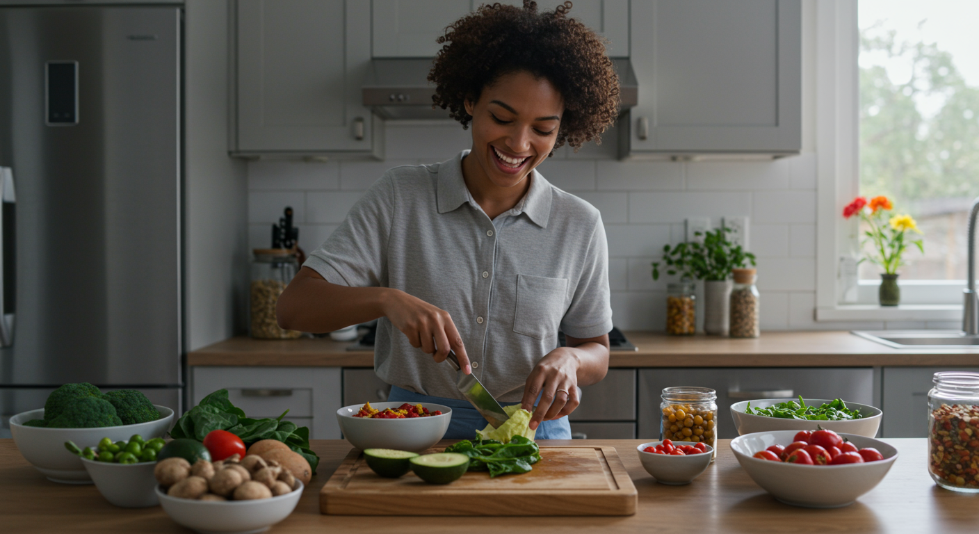 A bright, airy kitchen with a person preparing a vegan meal, featuring fresh produce and stylish, sustainable decor.