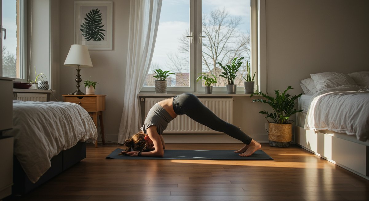 Woman practicing hip mobility yoga pose in serene bedroom with natural light and plant