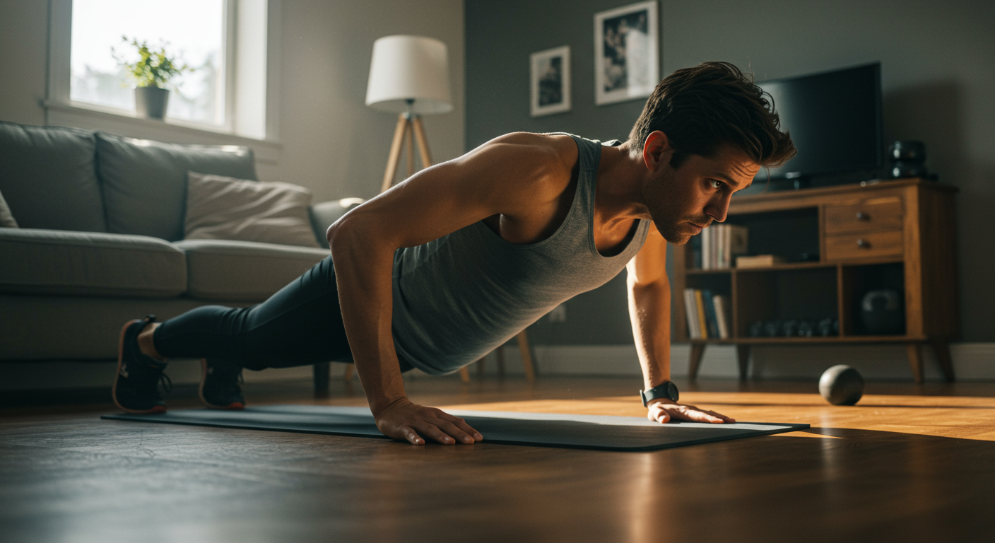 A person performing a push-up variation as part of a calisthenics workout at home, showcasing perfect form and determination.