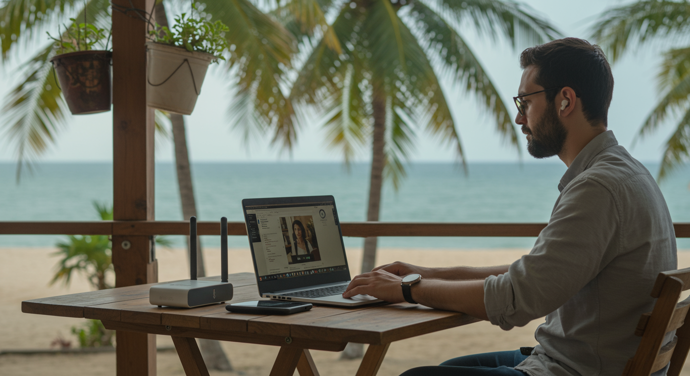 Digital nomad working on a laptop at a beachside cafe, ensuring fast internet connectivity for remote work.