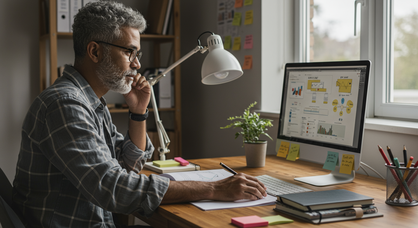 Adult learner engaged in project-based learning at a home office desk, surrounded by project materials and a computer displaying a project plan. The image emphasizes skill development and active learning.