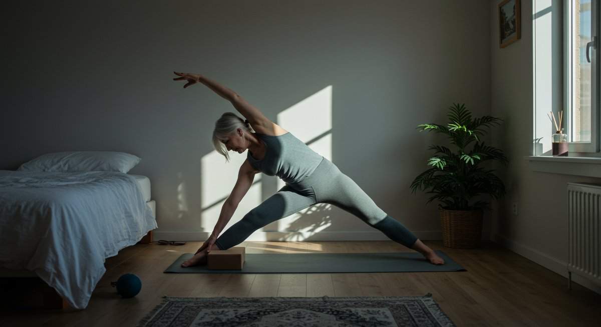 Senior woman doing balance exercises at home with yoga block, promoting strength and stability for seniors