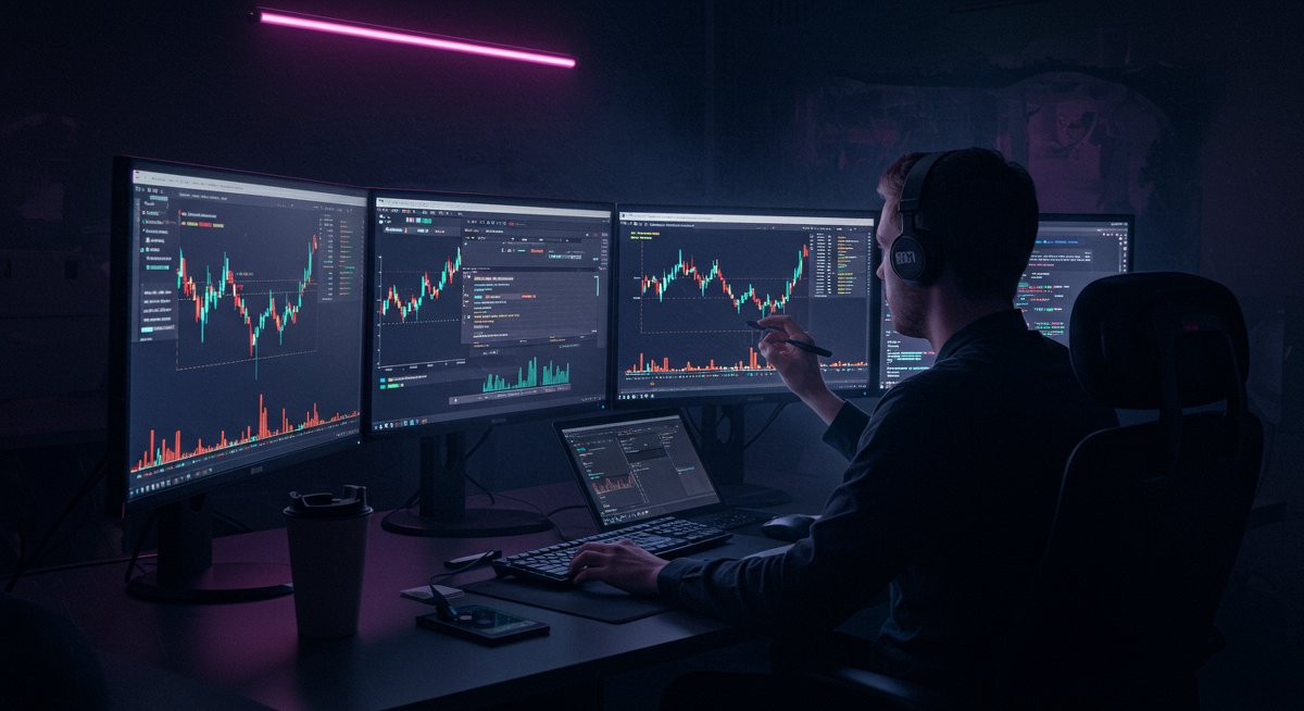 Bitcoin sell strategy visualization: trader executing sell order on multi-screen crypto setup with glowing terminal displays