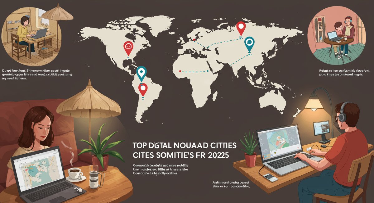 Infographic highlighting top digital nomad cities for 2025 with icons representing internet speed, cost of living, and community. Features a woman working in Bali and a man working in Lisbon.