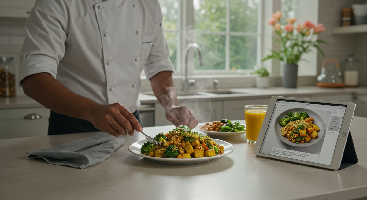 Professional image of a male chef plating a high-protein vegan meal with tofu, quinoa, and vegetables in a modern kitchen, emphasizing healthy and muscle-building nutrition.