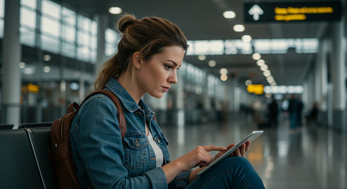 A calm female traveler in a modern airport terminal using a tablet to research embassy contact details for a lost passport, emphasizing preparedness and clarity.