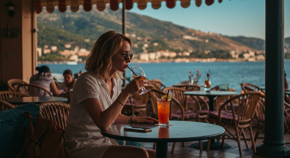 Experienced traveler using phone to research hotel deals in stylish hotel bar setting