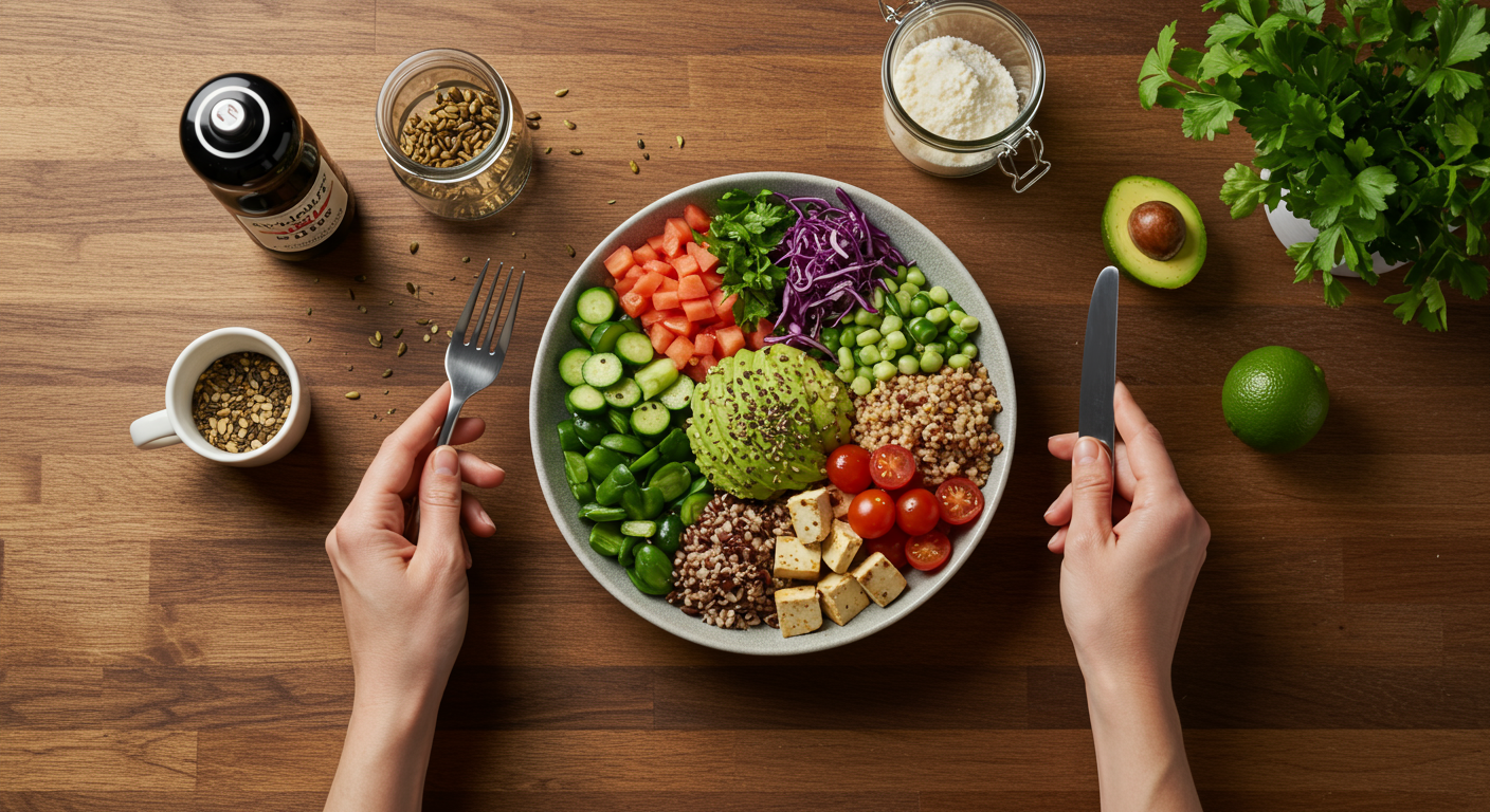 Vegan athlete preparing a high-protein plant-based meal with fresh vegetables, fruits and grains in a modern kitchen. Natural light, healthy and delicious.