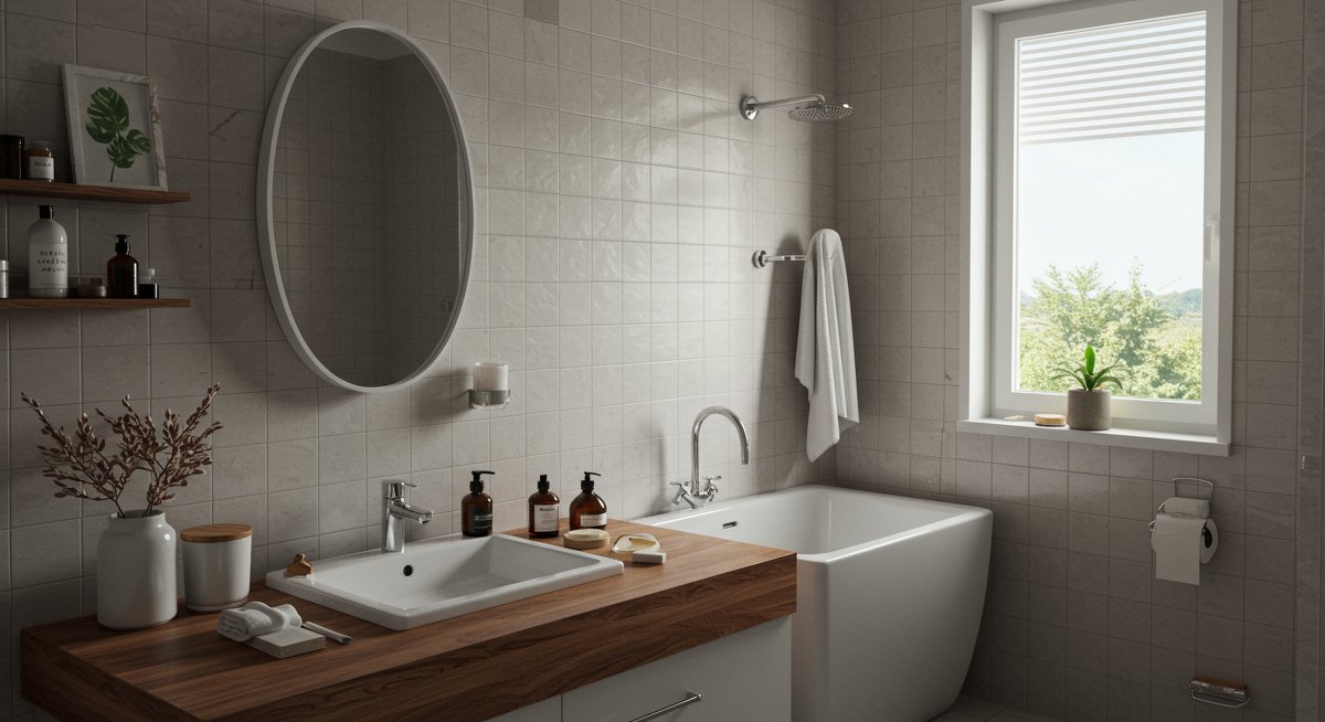 Vegan home essentials showcase: cruelty-free skincare products, sustainable decor, and eco-friendly home items in a minimalist bathroom setting