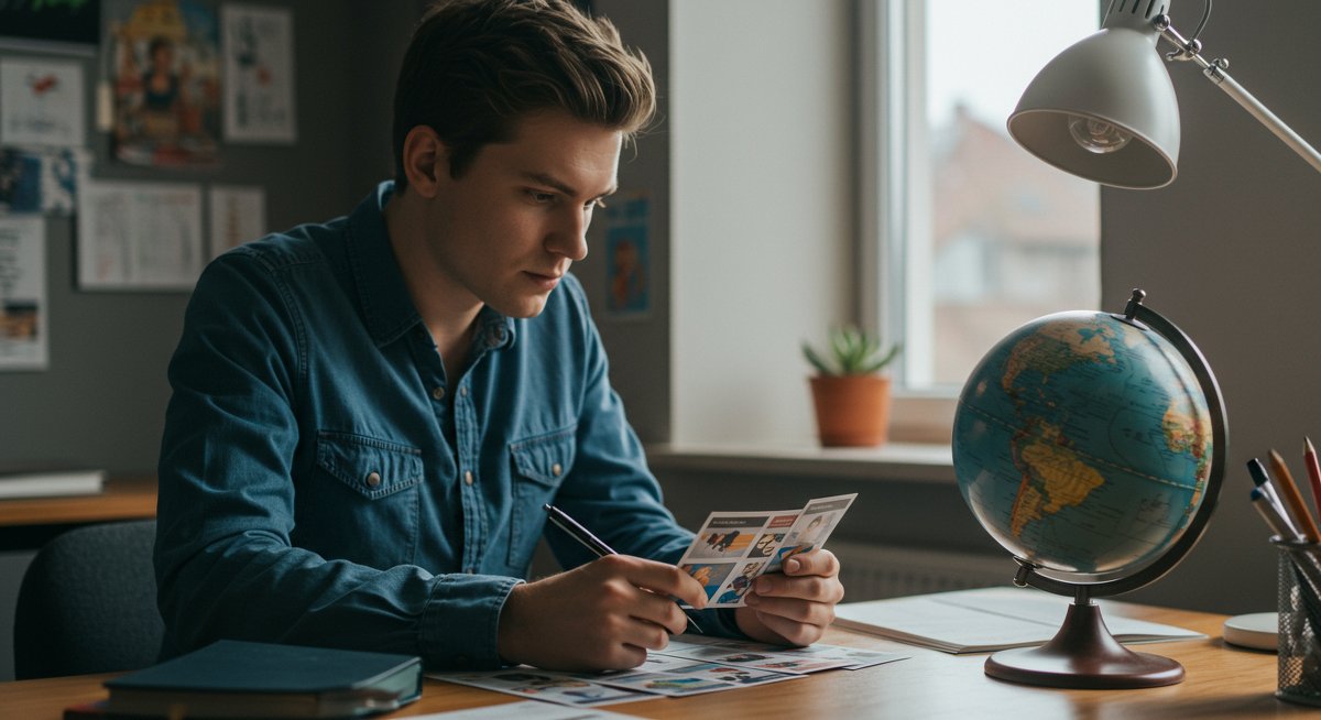 Student using flashcards and globe for global learning techniques