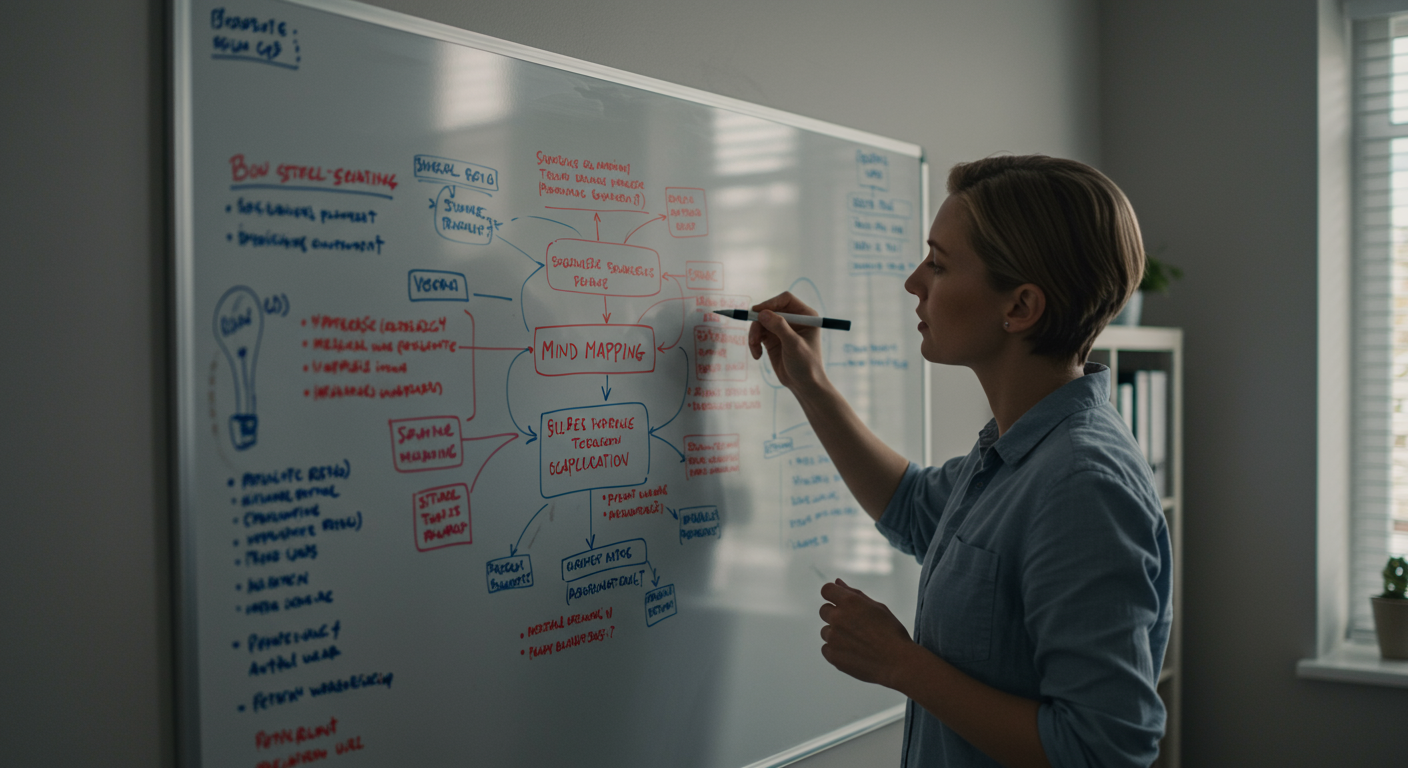 Adult learner using mind mapping techniques to boost learning and comprehension.