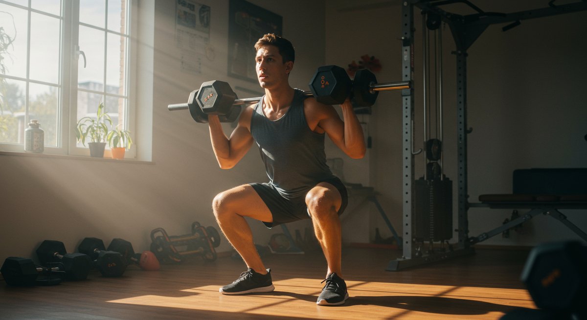 Person doing squats with dumbbells in home gym with natural lighting