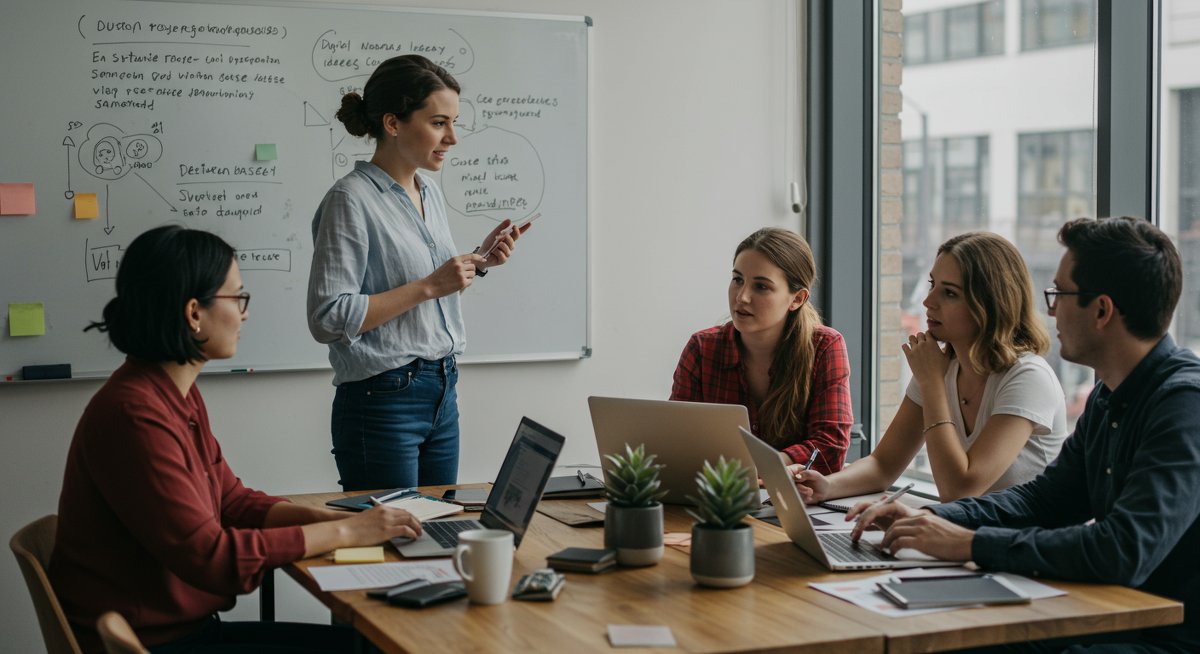 Digital nomads building online community in modern workspace with collaborative tools and networking