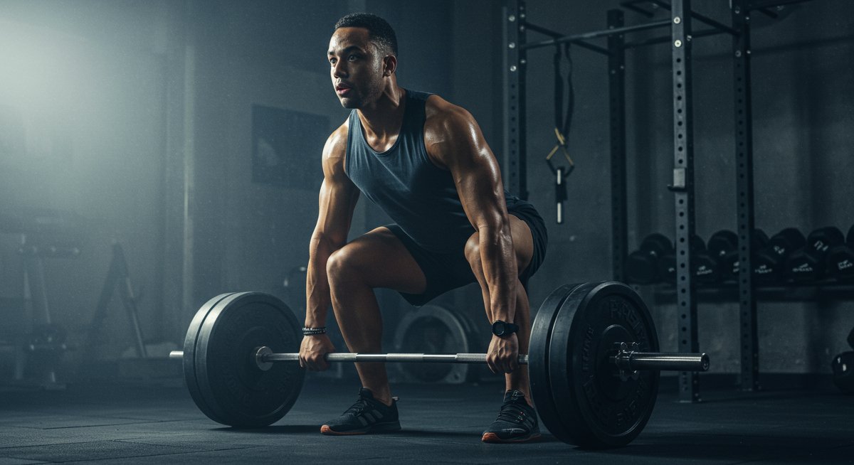 Athlete doing deadlifts in gym with intense focus