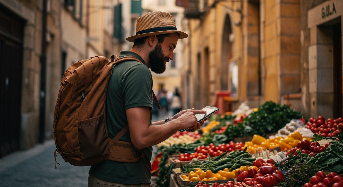 Experienced traveler researching affordable activities at vibrant market using digital device