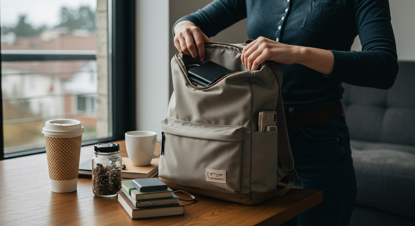 A woman packing a sustainable travel backpack with eco-friendly gear for a digital nomad lifestyle.