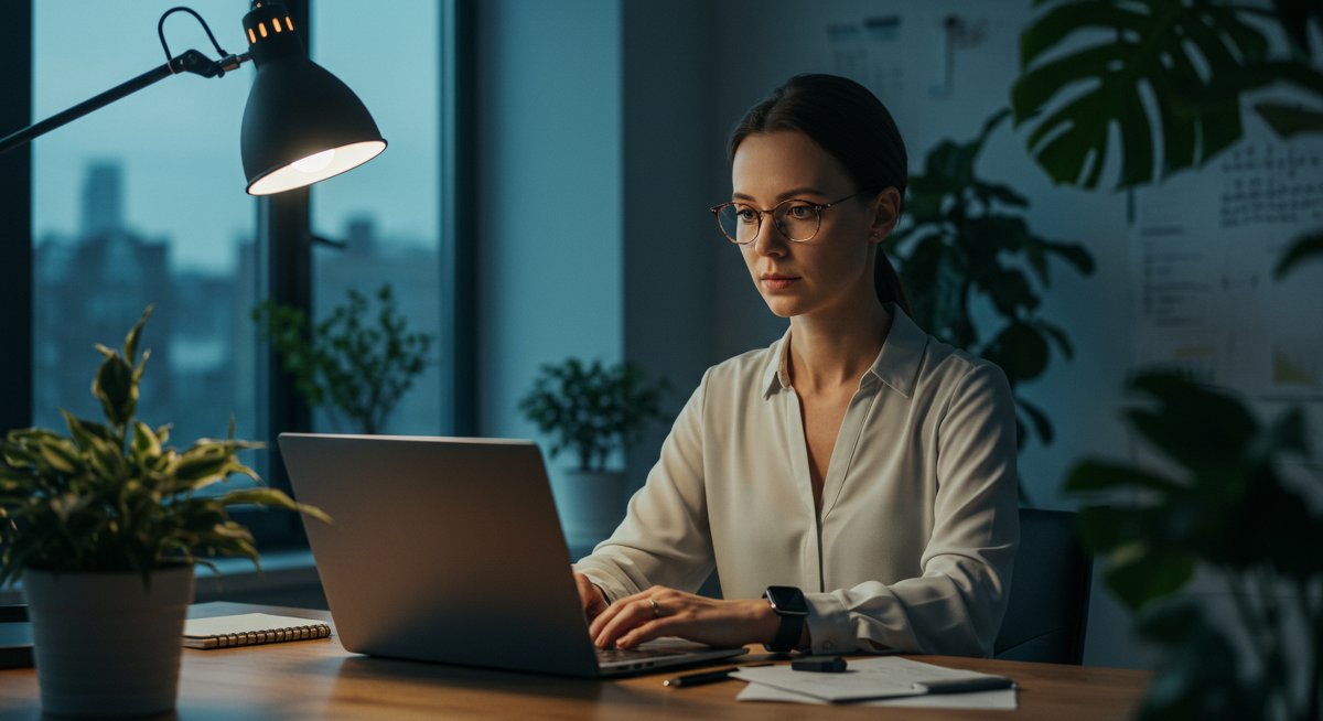 Professional crypto trading scene showing confident female veteran using laptop for Monero swaps with emphasis on privacy and low fees