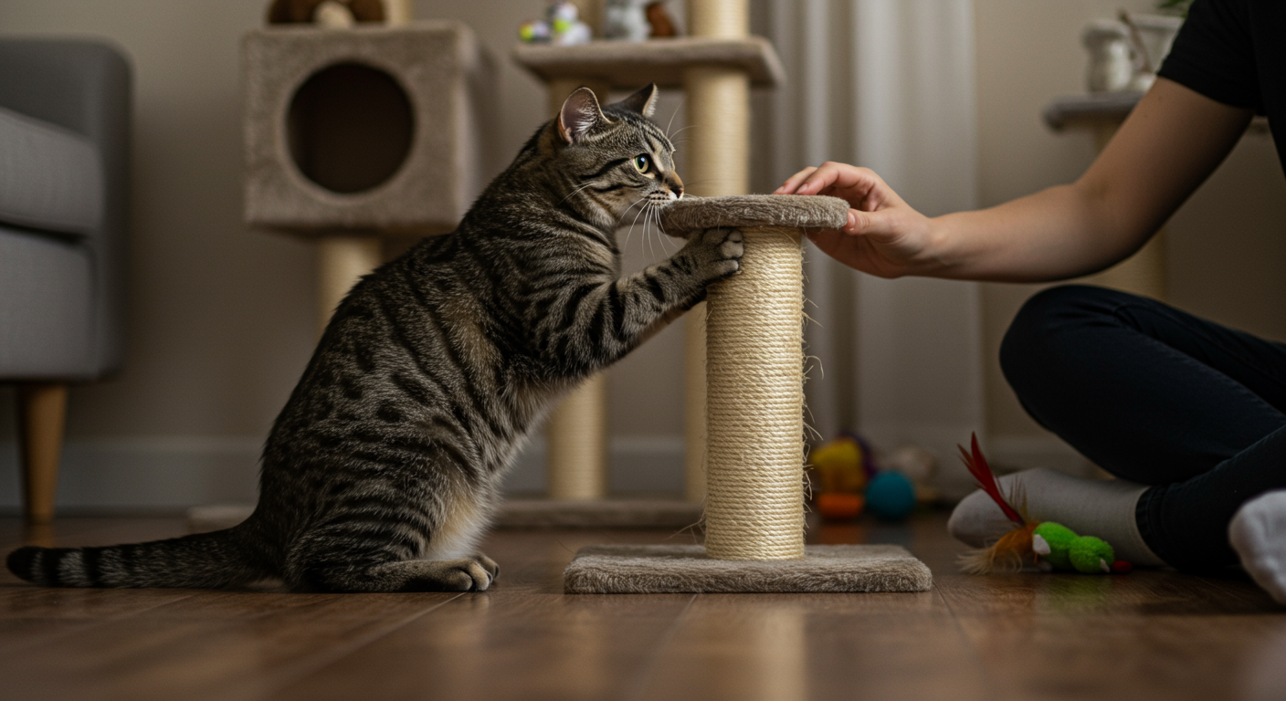 A cat happily scratching a scratching post, with a person in the background, demonstrating a solution for preventing furniture damage.
