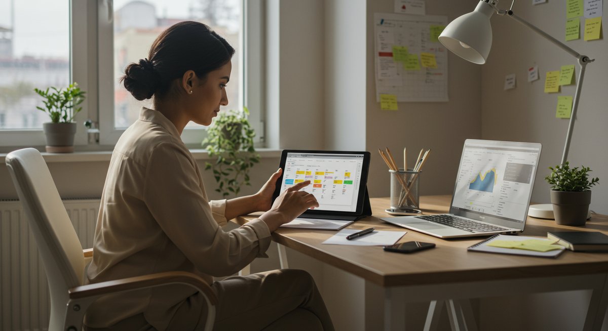 Professional woman using digital calendar to manage task batches in modern home office with natural light and organized workspace