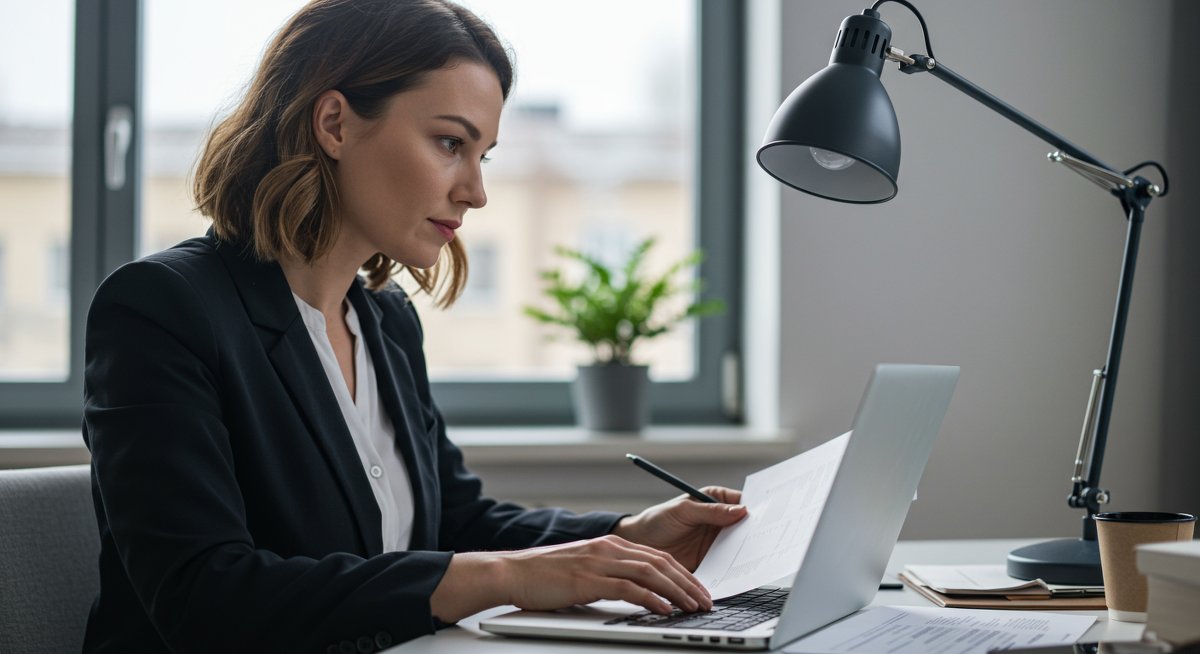 European P2P lending tax optimization - professional female nomad analyzing financial data in modern workspace