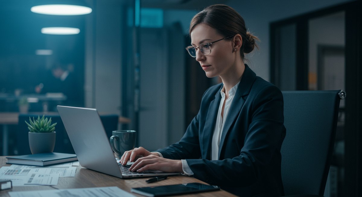 Confident female crypto trader discreetly monitoring anonymous swap activity in professional co-working space