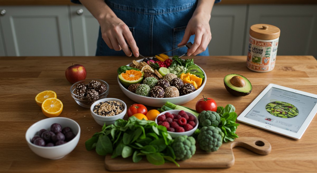 Professional food photography of a vibrant vegan snack preparation with fresh ingredients and ready-to-eat snacks