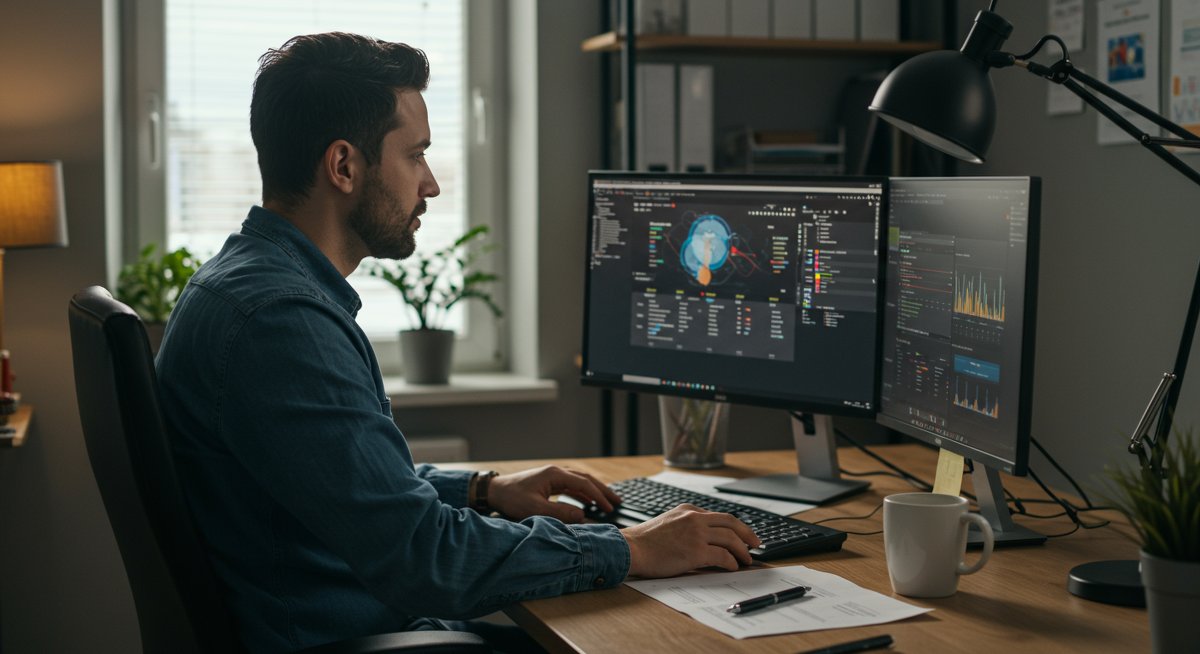 Experienced budgeter using zero-based budgeting software in professional home office setting