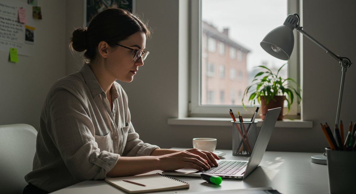 Adult learner using laptop and notebook for effective studying in modern workspace with natural light