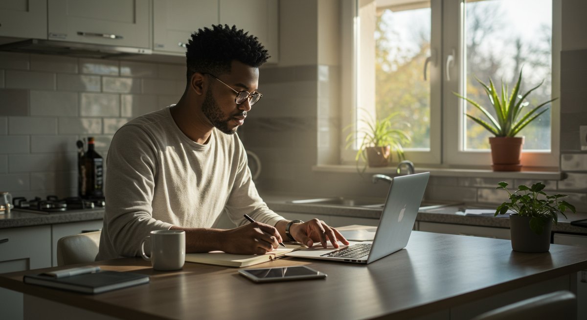 Minimalist finances illustration: man reviewing budgeting spreadsheets and savings goals at a clean kitchen workspace with natural lighting