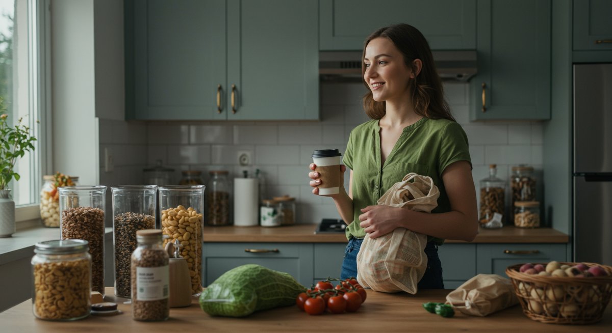 Eco-friendly products for sustainable shopping - reusable coffee cup, organic produce, bulk food containers, natural cleaning supplies in modern kitchen