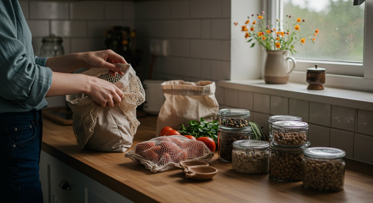 Person sorting reusable produce bags and bulk food containers in a bright kitchen, illustrating budget-friendly sustainable living.