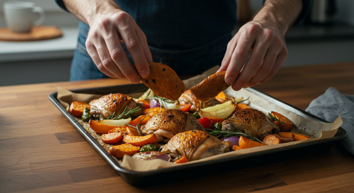 Sheet pan dinner recipe featuring roasted vegetables, chicken, and sweet potatoes with fresh herbs in a modern kitchen setting