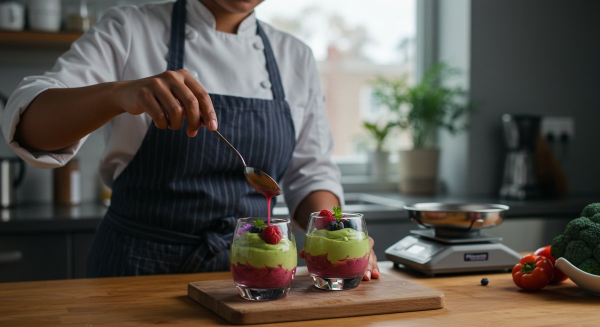 Vegan chocolate avocado mousse dessert with fresh berries and edible flowers, prepared by a professional chef in a modern kitchen