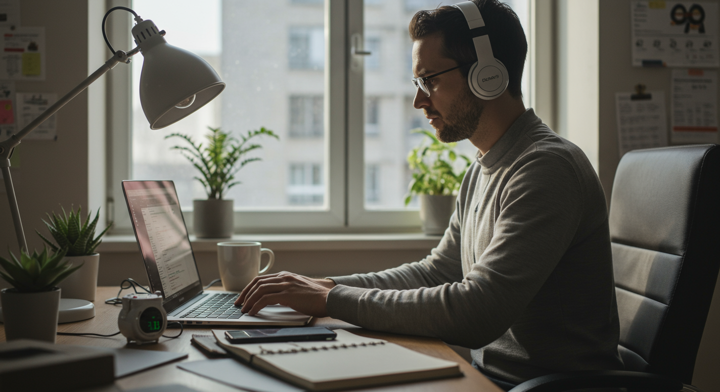 A person using a Pomodoro timer to achieve deep work focus in a modern home office, promoting productivity and concentration.