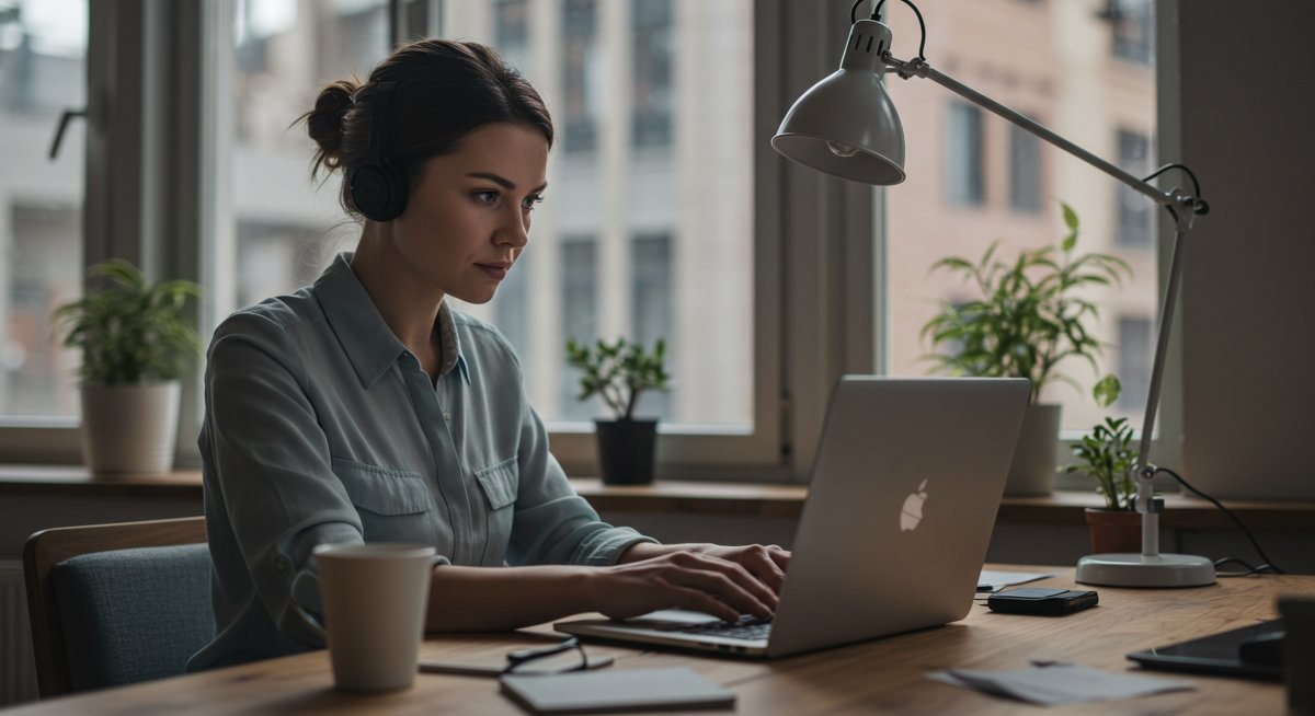 Determined digital nomad woman working on a secure setup in a clean, modern co-working space with large windows and natural lighting.