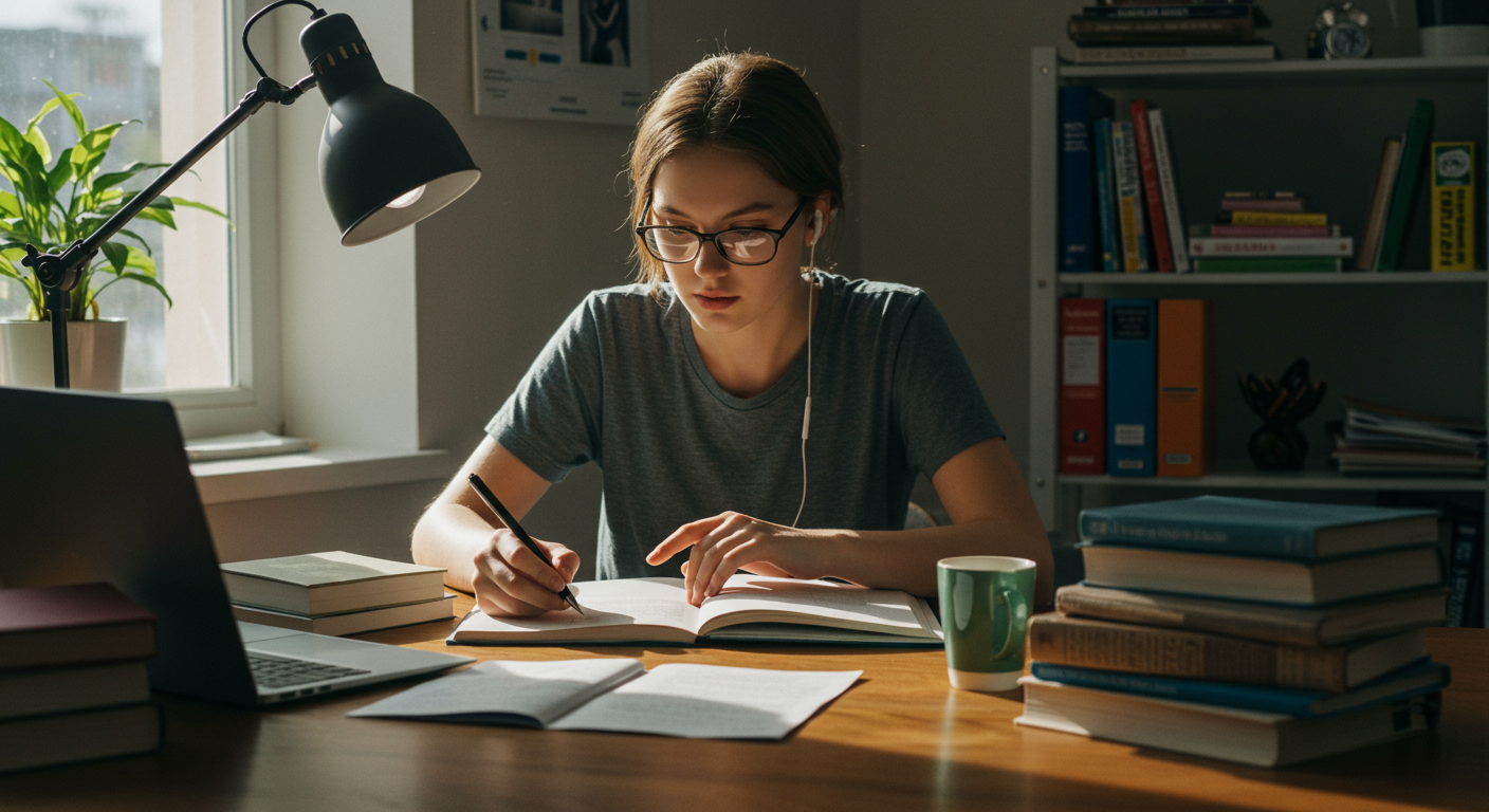 A focused adult learner studying at a desk, overcoming procrastination with effective study techniques, books, laptop, and a warm beverage.
