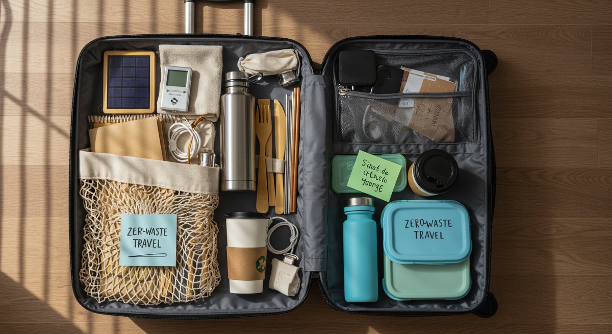 Eco-friendly travel gear essentials packed in a sustainable suitcase: bamboo cutlery, stainless steel straws, collapsible water bottle, foldable food container, solar charger, and reusable coffee cup. Natural lighting emphasizes zero-waste travel preparation.
