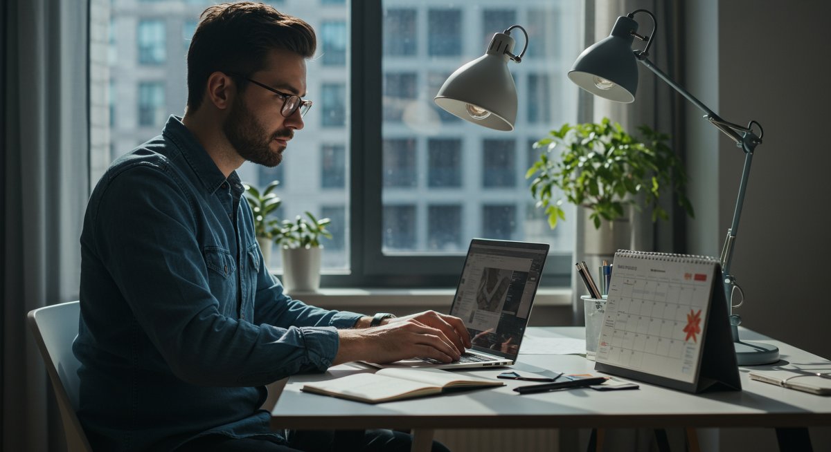 Digital nomad productivity setup with laptop, planner, and calendar in modern co-working space