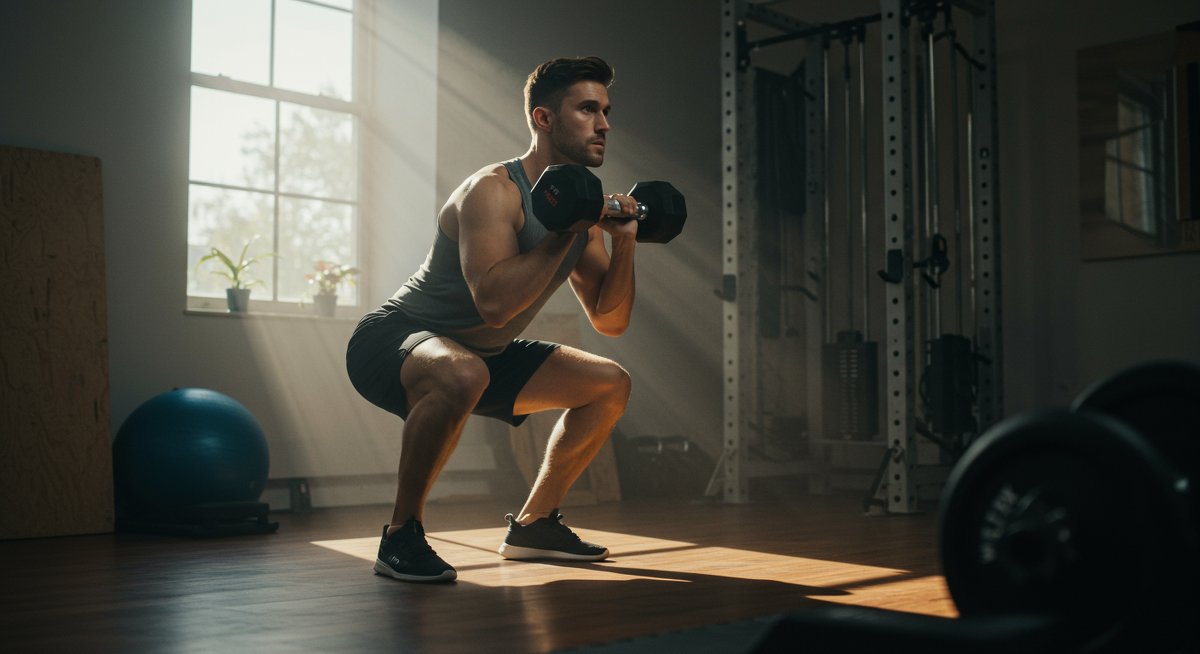 Person doing squats with dumbbells in home gym with natural lighting
