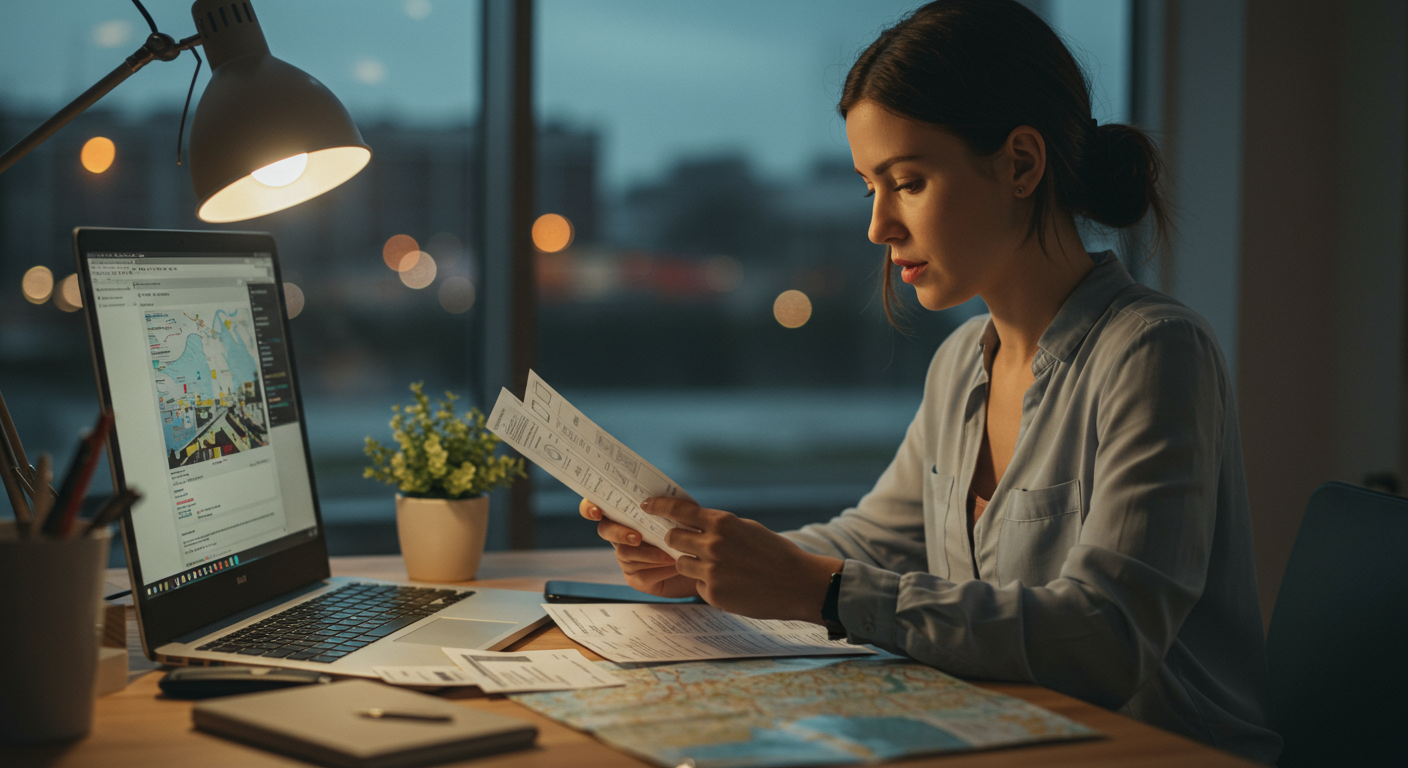 A determined female digital nomad reviewing visa documents in a co-working space, showcasing focus and problem-solving.