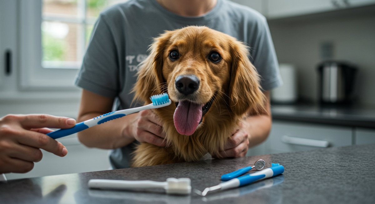 Experienced pet parent demonstrating DIY dog dental care with a calm dog, highlighting oral hygiene practices in a hygienic home environment