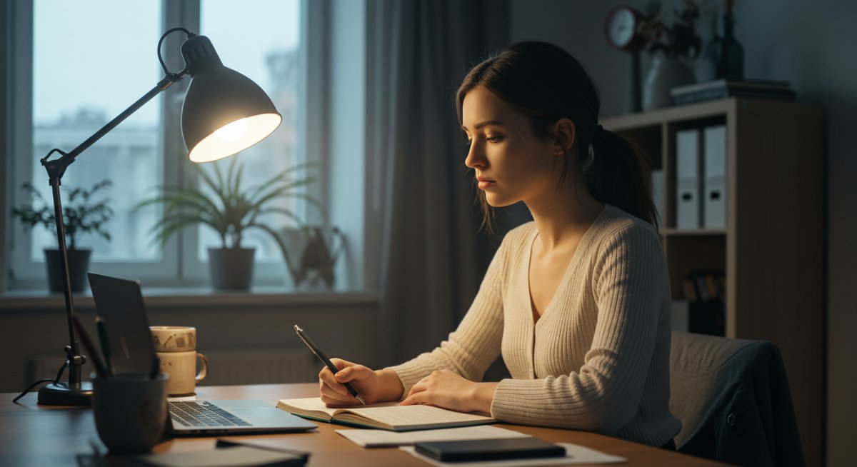 Woman practicing deep breathing for test anxiety, promoting calm and focus for exam success.