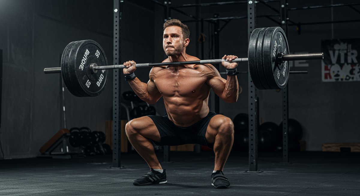 Professional bodybuilder performing weighted squats in gym with focus