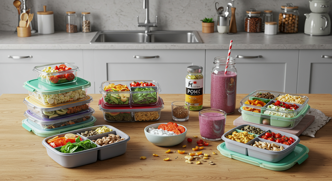 Overhead shot of colorful meal prep containers filled with healthy lunches, organized on a kitchen counter, showcasing delicious air fryer recipes for beginner cooks. The image features fresh ingredients, a recipe tablet, and a warm, inviting kitchen setting, emphasizing healthy eating and easy cooking.