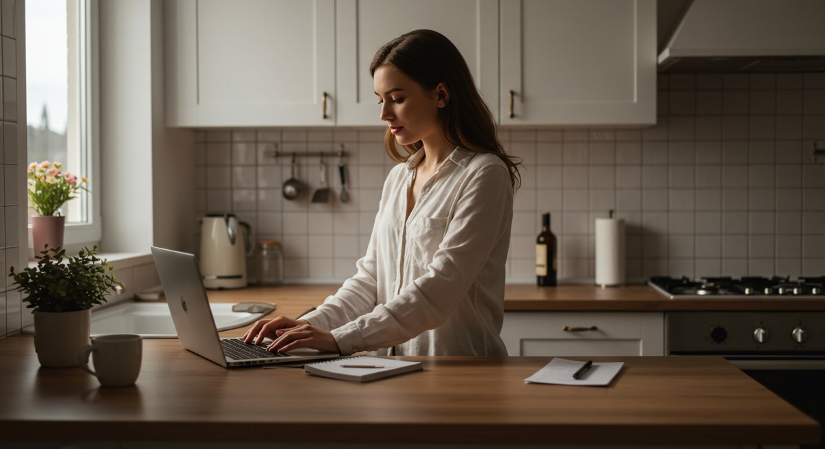 Digital minimalism illustration showing a confident woman practicing digital detox in a modern kitchen with organized workspace