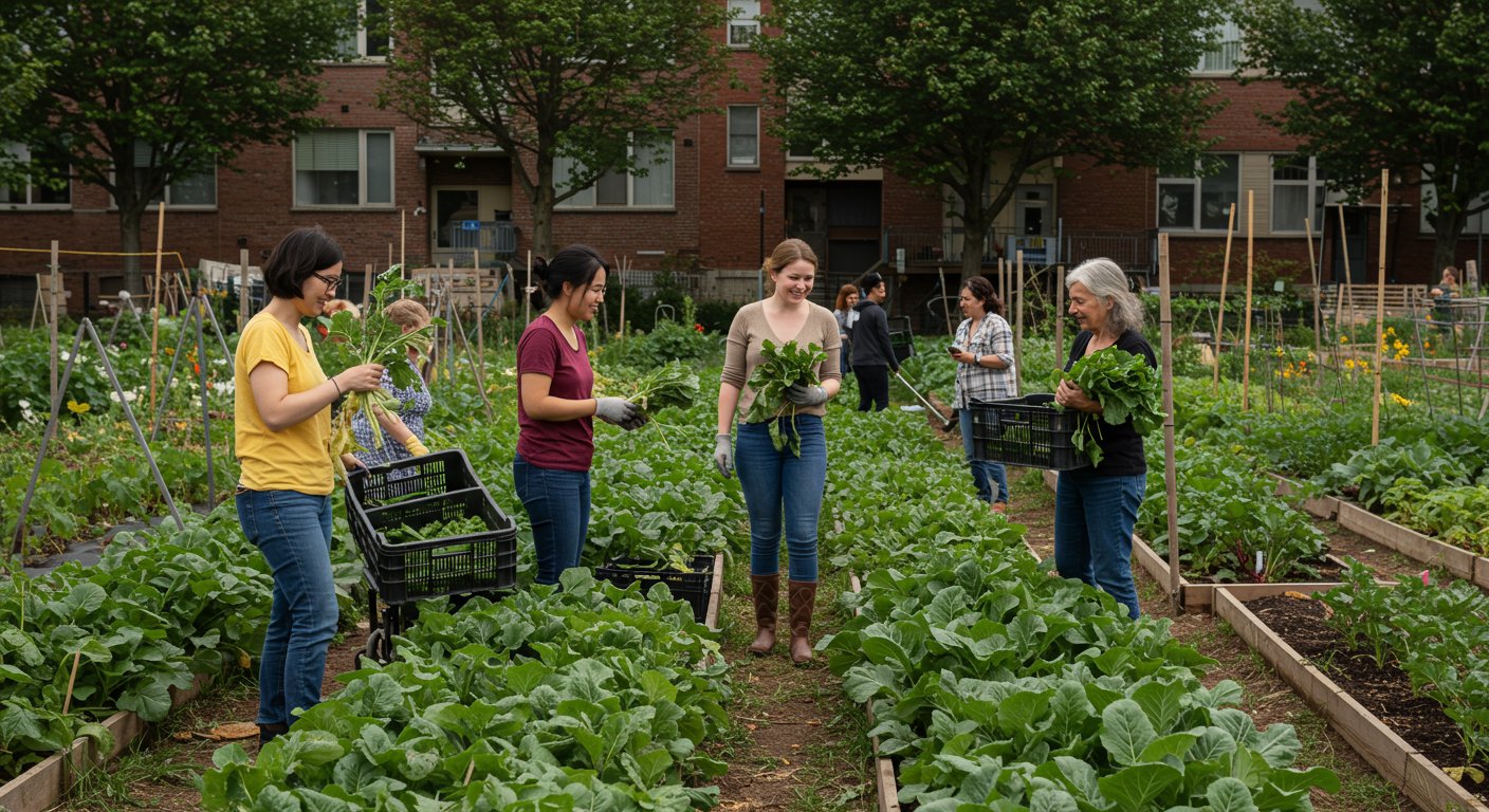 A diverse group of people harvesting vegetables in a vibrant community garden in an urban setting. Emphasizing sustainable food practices.